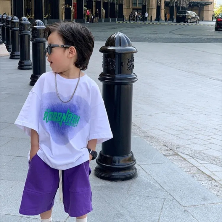 Cotton Heart Print Boys Short Sleeve T-Shirt Summer Toddler Loose Fit Baby Handsome 3-6 Years Top