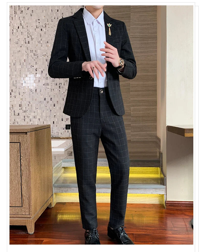 Autumn 2024 Men's Slim Fit Checkered Two-Piece Suit Korean Style Handsome Fashion Suit And Trousers Set