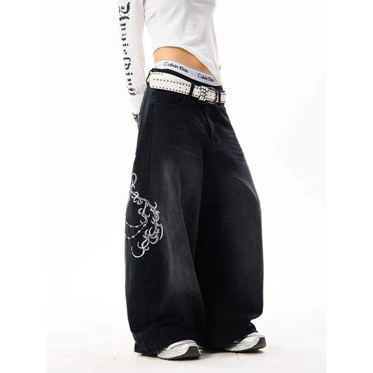 Women Vintage Embroidery Y2K Baggy Jeans Female High Waist 2000s Wide Leg Denim Pants American Retro Harajuku Trouser