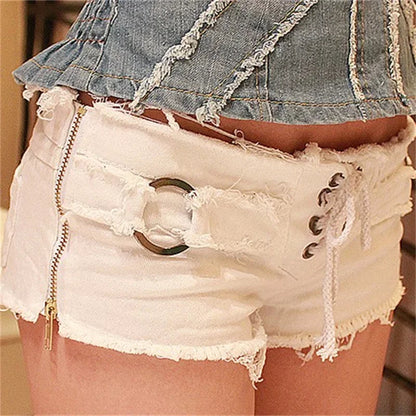 Women Side Zipper Splice Denim Shorts Lace-up Open Crotch Ultra-short Trousers Casual Three Quarter Pants Female Sexy Streetwear