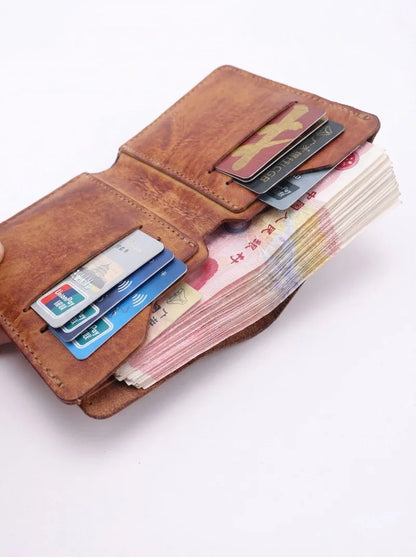 Ultra-Durable Men's Leather Short Wallet, Scratch-Resistant Hand-Rubbed Top Grain Leather Card Holder, Minimalist Travel Wallet