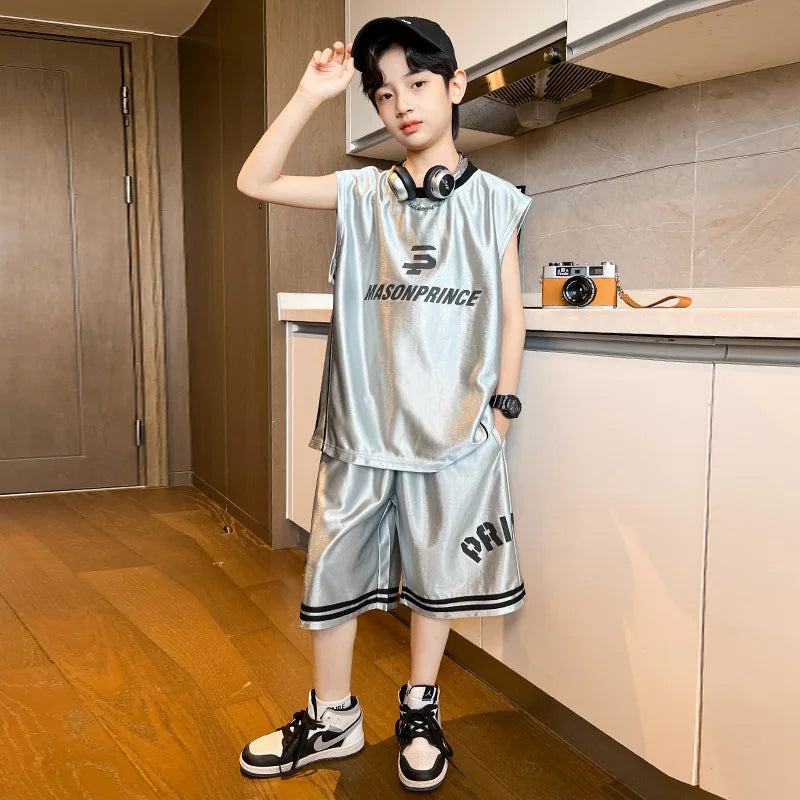 Summer Boys Quick-dry Glossy Alphabet T-Shirt Top+Shorts Sportswear Set School Kids 2PCS Tracksuit Children Jersey Outfit 5-16Yr