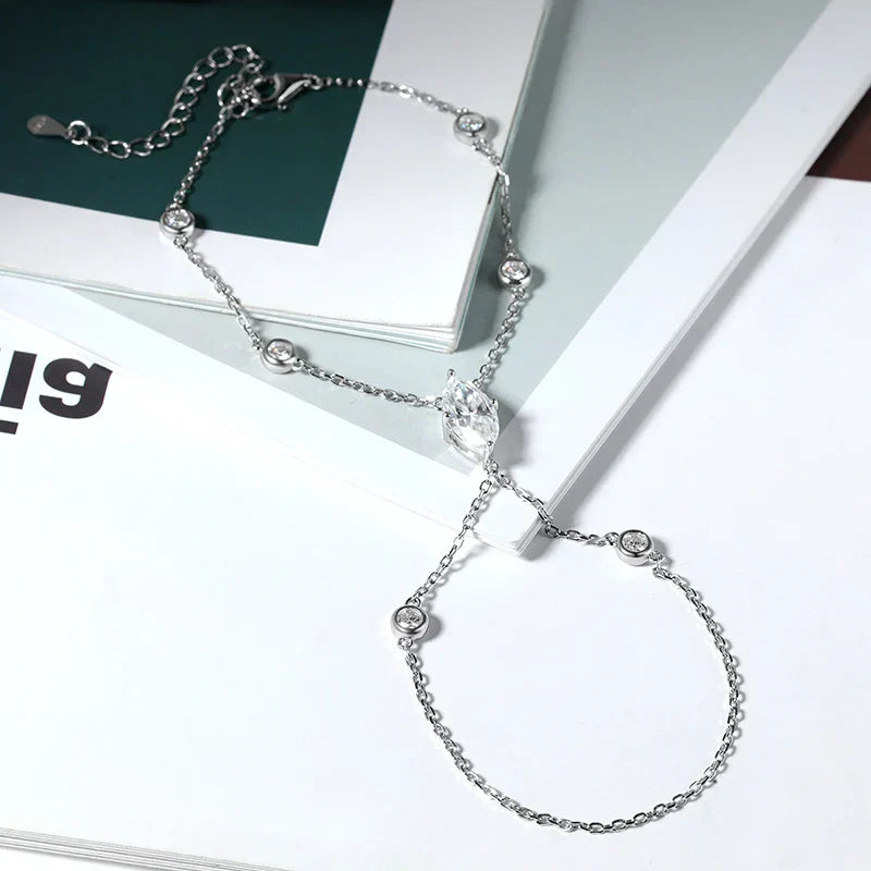 3EX Marquise Cut Moissanite Finger Chain Bracelets for Women 14-20cm Wrist Size Adjustable s925 Silver Hand Jewelry Gift