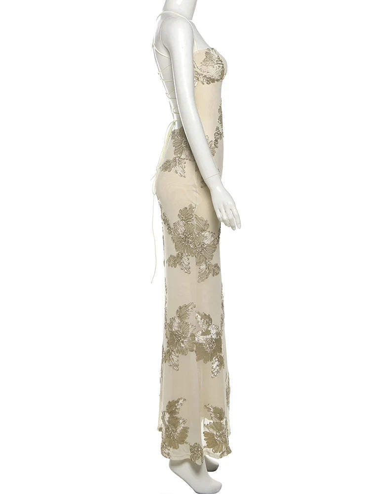 Elegant Flower Embroidery Maxi Dress Women Low-Neck Cross Bandage Backless Summer Street Trend Skinny Holiday Vestidos