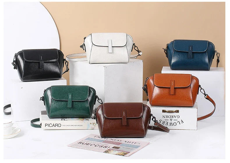 Oil Wax Cowhide Leather Cross Body Small Bag for Women Fashionable and Versatile Shoulder Shell Hand Bag Ladies Casual Phone Bag