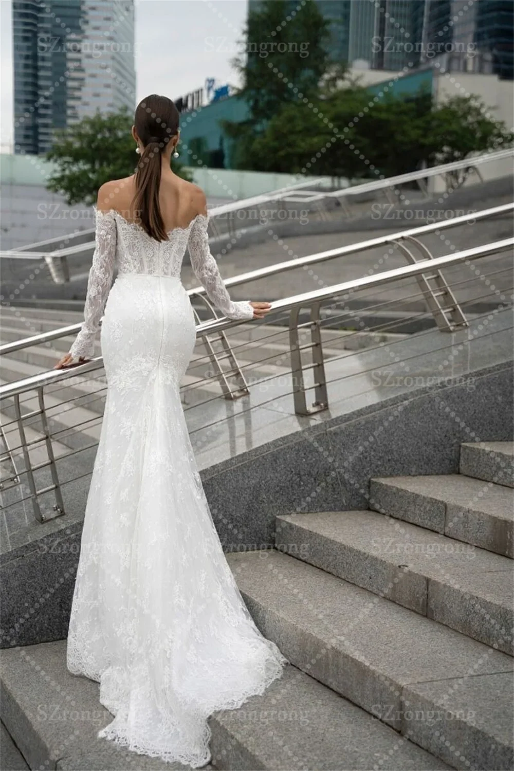 Sweetheart Collar Lace Long Sleeve Boho Wedding Dress Mermaid Backless Long Back Beach Bridal Dress with Train Custom Made