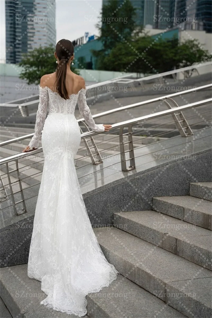 Sweetheart Collar Lace Long Sleeve Boho Wedding Dress Mermaid Backless Long Back Beach Bridal Dress with Train Custom Made