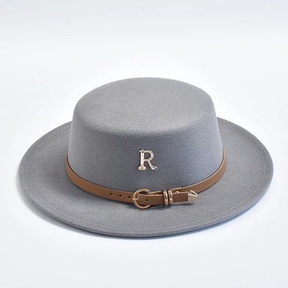 New Metal R Letter Fedora Hat for Women Fashionable Winter Flat Top Wedding Church Bowler Cap Females Elegant Holidays Hat