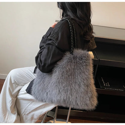 Fashion Women Furry Shoulder Bag Large Capacity Tote Handle Bag for Autumn Winter Outing Commuter Texture Versatile Storage Bags