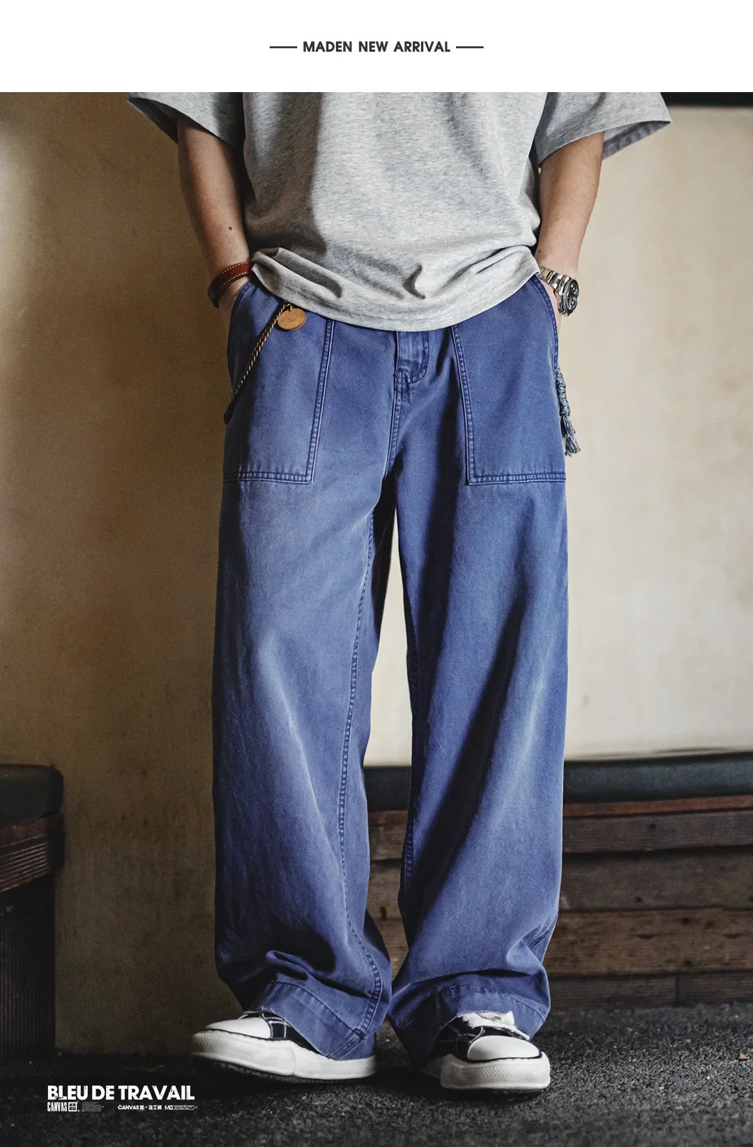 Men‘s Vintage Washed Denim Jeans Blue Cotton Canvas Workwear Zipper Pants Loose Fit Casual Trousers for Spring and Autum
