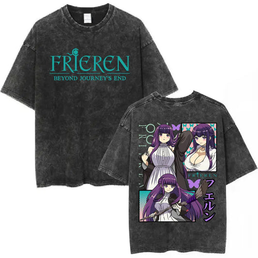 Anime Frieren: Beyond Journey's End Graphic Washed Vintage T-shirt Men's Women Fashion Short Sleeve Cotton Casual Loose T Shirts