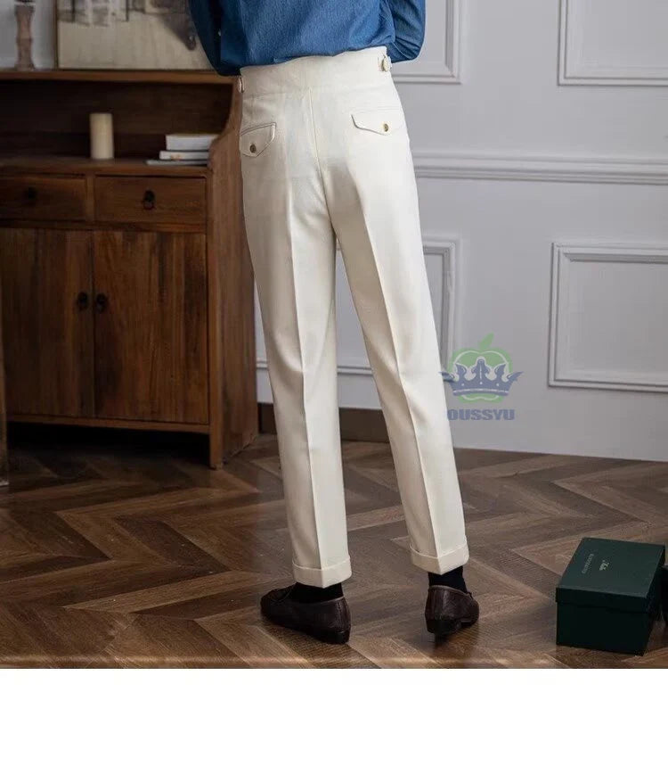 Classics Italian Naples Style White Men's Suit Pants Men High Waisted Straight Fit Work Formal British Business Brand Trousers