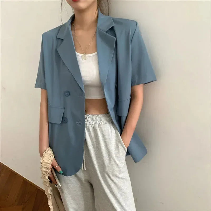 2025 Women's Summer Short-sleeved Jacket Casual All-match Loose Double-breasted Blazers Coat Woman Korean Chic White Blazer