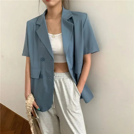 2025 Women's Summer Short-sleeved Jacket Casual All-match Loose Double-breasted Blazers Coat Woman Korean Chic White Blazer