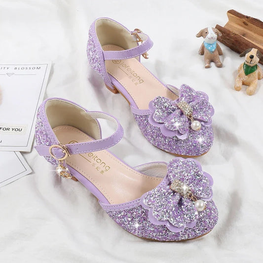 Children's Sandals for Party Wedding Elegant Bowknot Kids Girls Versatile Sequins High-heels Fashion Pearl Princess Single Shoes