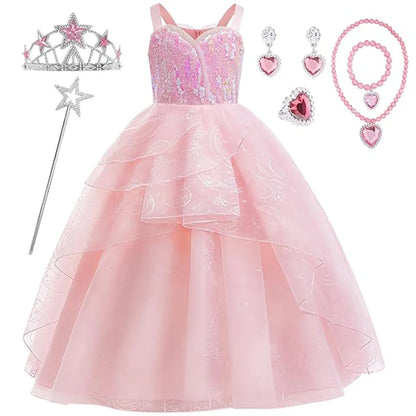Movie Good Witch Costume Kids Pink Dress With Crown Magic Wand And Gloves For Girls Evil Halloween Birthday Party Prom Outfits