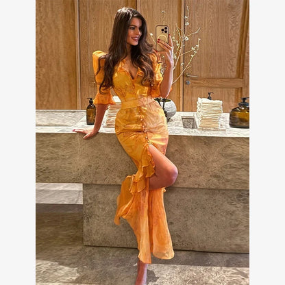 V-neck Organza Floral Chiffon Puff Sleeve Slit Long Dress Bodycon High Slit Bodycon Sexy Dresses Lady Chic Daily Sweet Date Robe