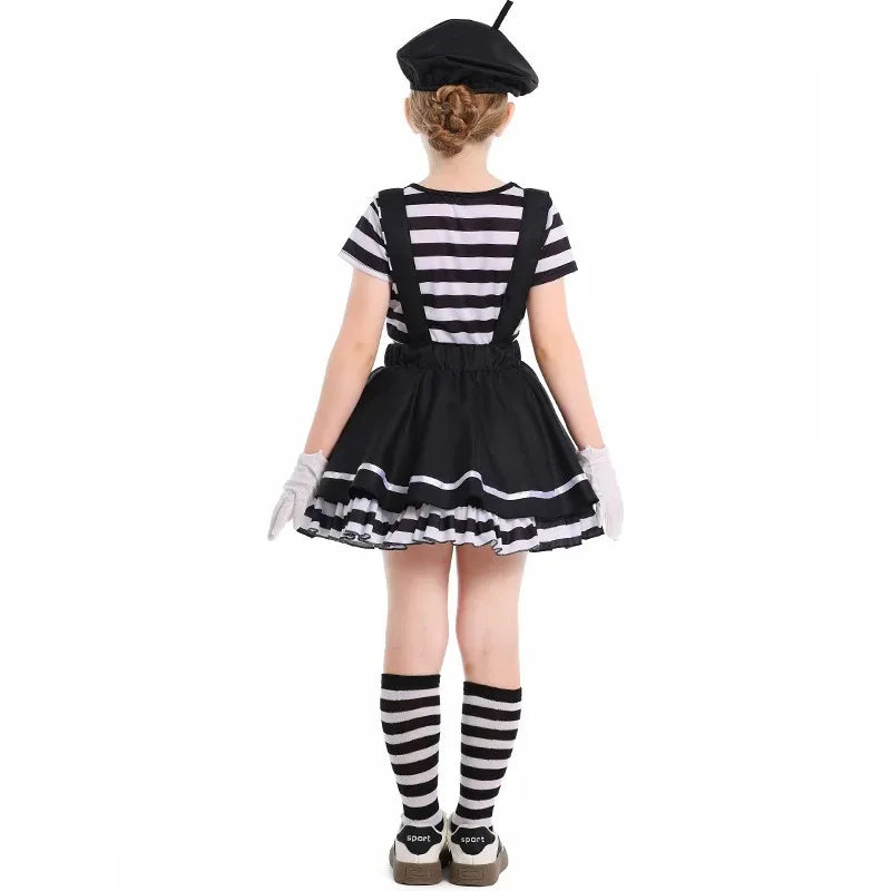 Mime Costume Clown Cosplay Clothing Girls Stage Performance Skirt T-shirt Hat Gloves Halloween Carnival Party Suit ﻿