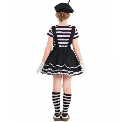 Mime Costume Clown Cosplay Clothing Girls Stage Performance Skirt T-shirt Hat Gloves Halloween Carnival Party Suit ﻿