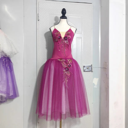 Long Ballet Tutu Skirts Blue 3d Flower Dress Performance Costumes Princess Dance Practice Romantic Dress