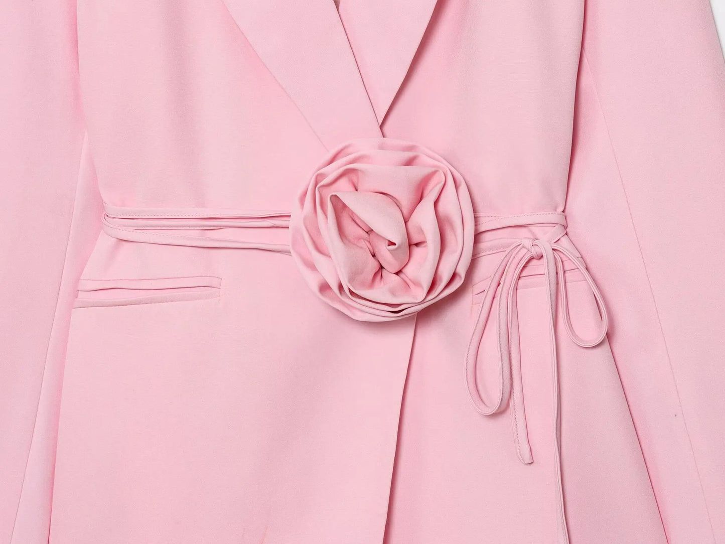 Women Notched Lapel Blazer with Floral Rose Belt Waist Tie Slim Long Sleeve Suit Jacket