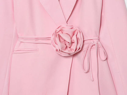 Women Notched Lapel Blazer with Floral Rose Belt Waist Tie Slim Long Sleeve Suit Jacket