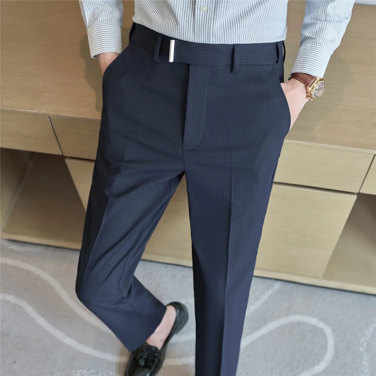 High Quality Hidden Elastic Waistband Metal Decorative Design Casual Pants Fashion Striped Slim Fit Office Social Men's Trousers
