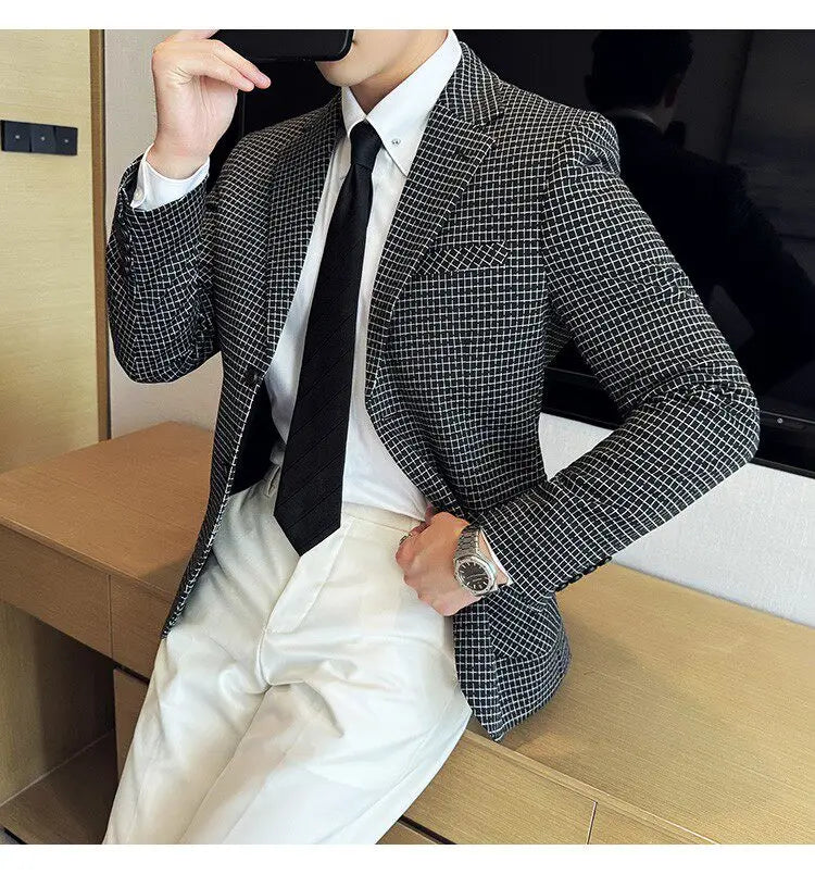 Men's Elegant Grid Suit Jacket 2026 Spring New Fashion Slim Blazer Jackets Social Prom Dress Jacket Men's High Quality Clothing