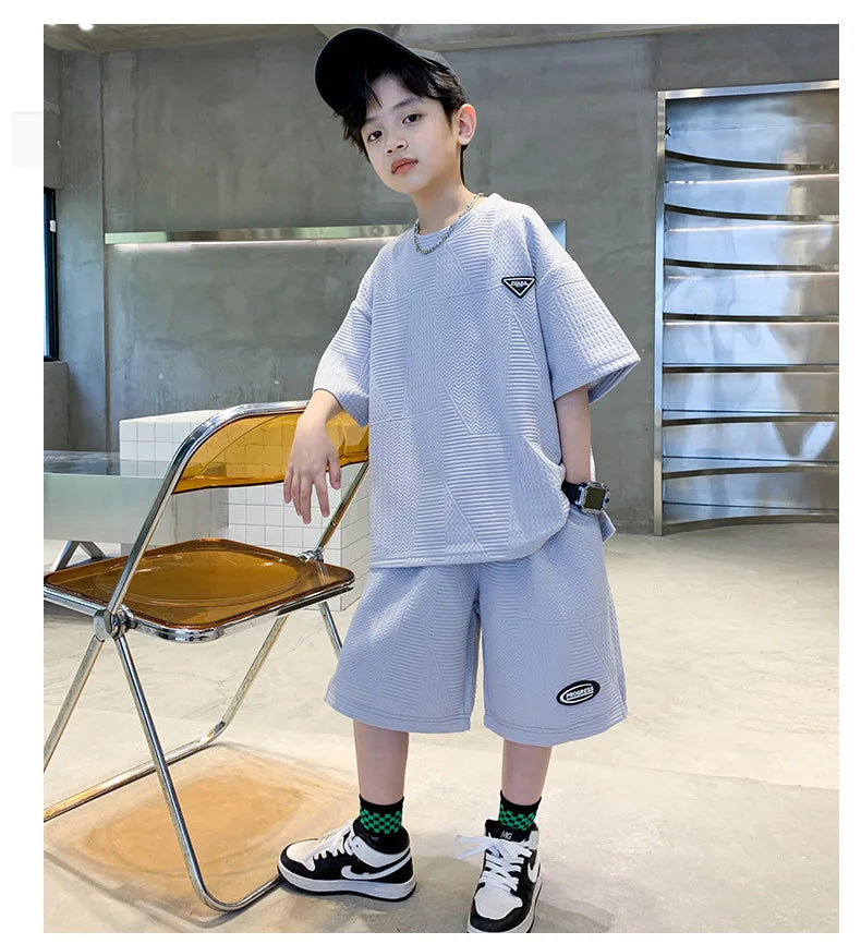 Summer Casual Boys Jacquard Loose T-Shirt Tops+Shorts Pant School Kids 2PCS Tracksuit Child Outfits Student Workout Set 3-14 Yr