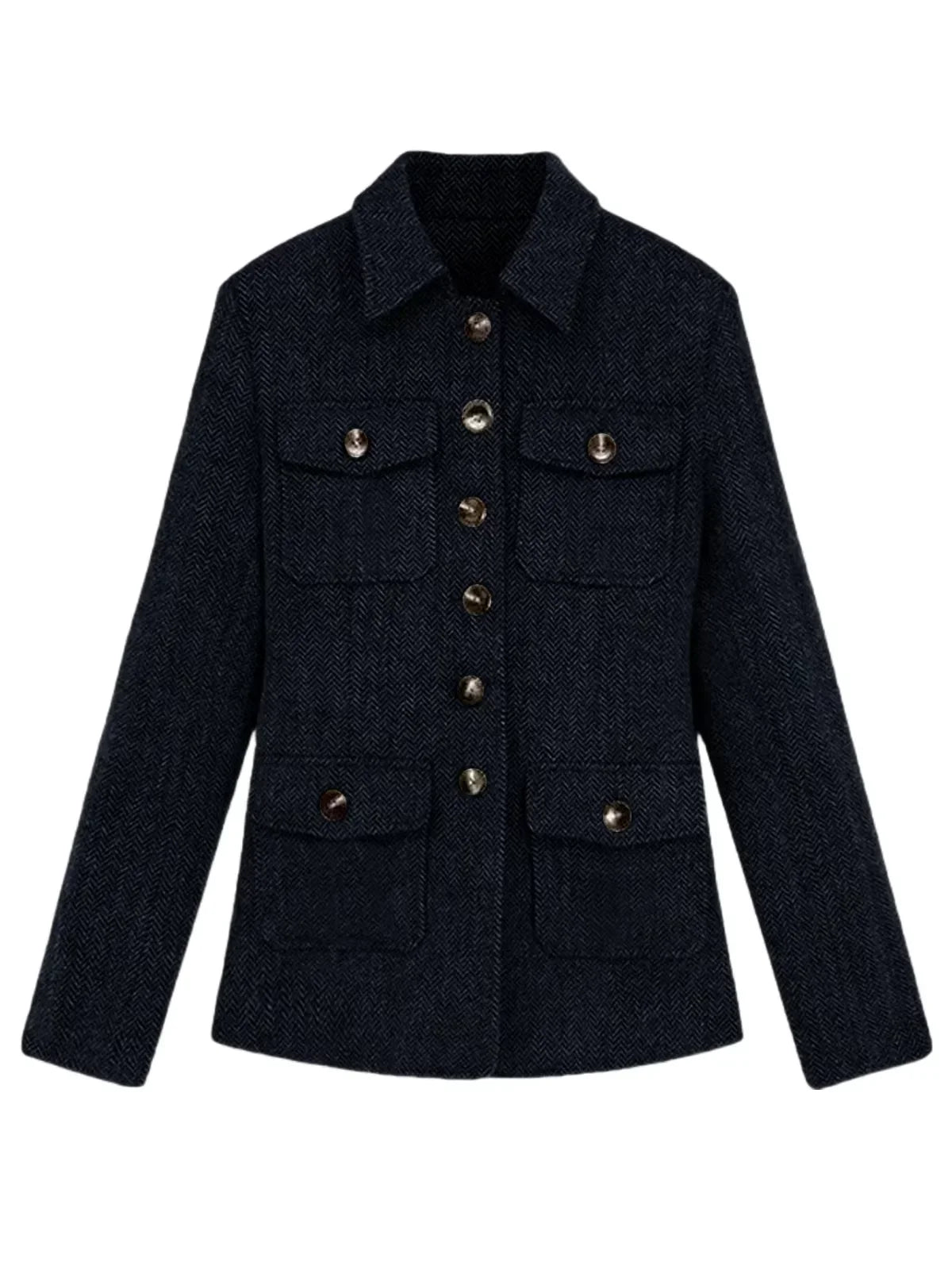 Men's Herringbone Wool Blend Blazer Jacket Notch Collar Utility Multi-Pocket Casual Overcoat For Spring Autumn