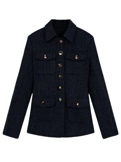 Men's Herringbone Wool Blend Blazer Jacket Notch Collar Utility Multi-Pocket Casual Overcoat For Spring Autumn