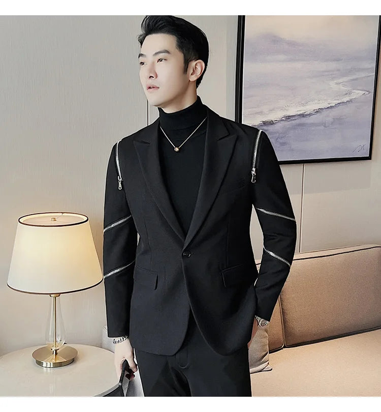 2024 Autumn New Zipper Decoration Blazer Men Casual Slim Fit Business Dress Coats Homme Formal Social Prom Tuxedo Men Clothing
