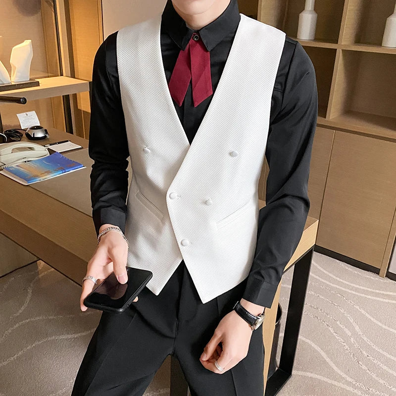2025 New Fashion Men's Double Breasted Gentleman Dress Casual Vest Fashion Nightclub Bartender Work Clothes V Neck Vest Jacket