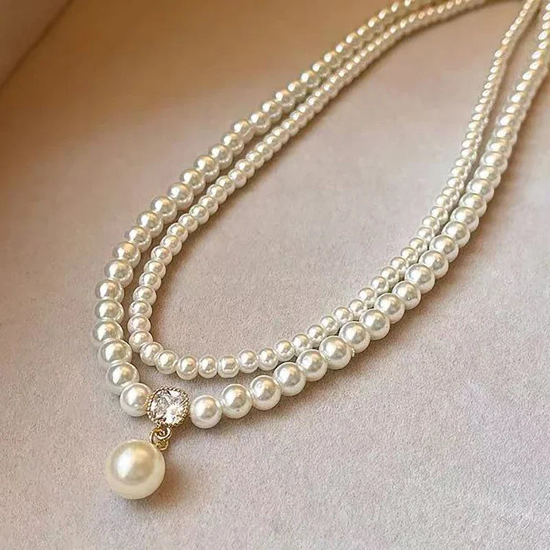 2025 Trendy Double-layer Imitation Pearl Bead Necklace Elegant Accessories For Womens Sexy Collarbone Chain Light Luxury Jewelry