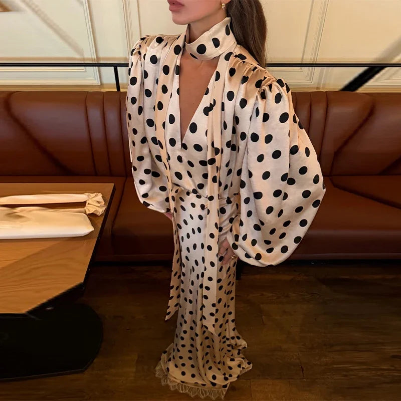 Elegant Polka Dot Satin Blouse Skirt Suit Women V-Neck Tie Neck Shirt High Waist Skirts 2026 Spring Summer Lady 2 Pieces Set New