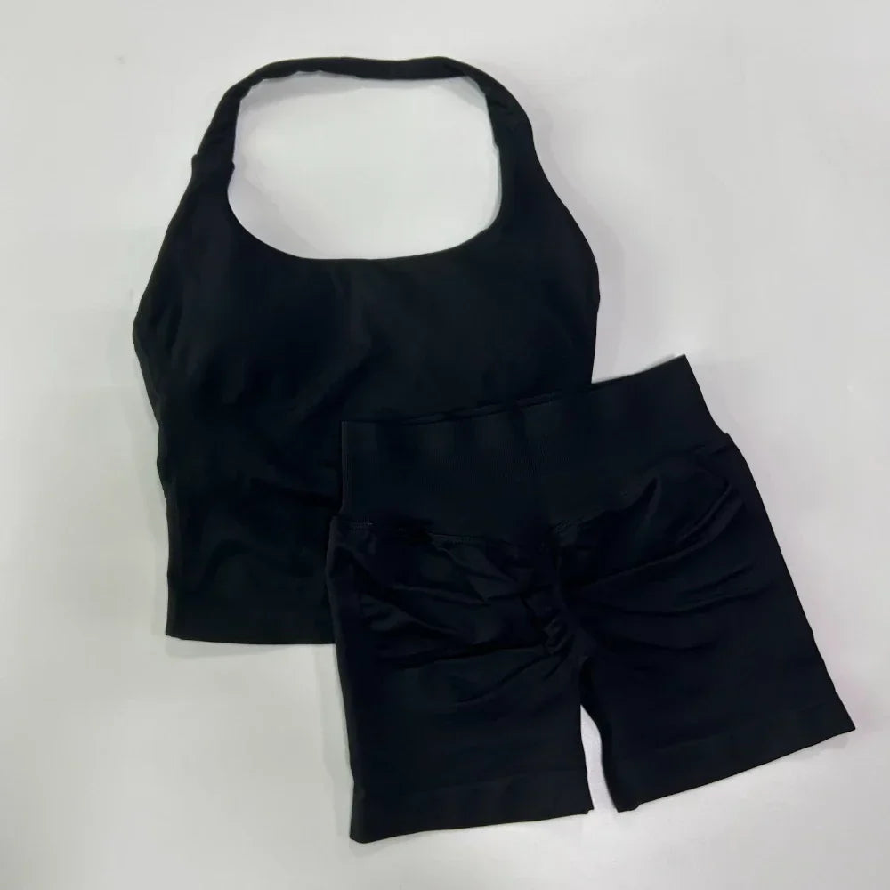 Yoga 2 Pieces Gym Set Women Backless Halter Tops High Waist Seamless Shorts Gym Suit Fitness Sports Bras Sportswear Workout Sets