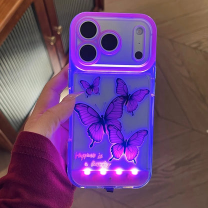 5 Color Change Luminous Call Light Up Flash Romantic Purple Butterfly Phone Cover Case for iPhone 17 16 15 14 13 Pro Max Plus