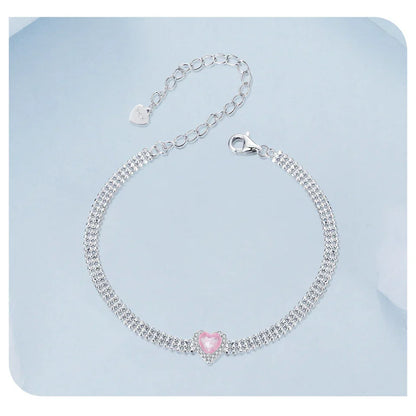 Love Heart Bracelets for Women Girls 925 Sterling Silver with CZ, White Gold Plated Charm Link Chain Bracelet Jewelry