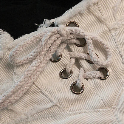 Women Side Zipper Splice Denim Shorts Lace-up Open Crotch Ultra-short Trousers Casual Three Quarter Pants Female Sexy Streetwear