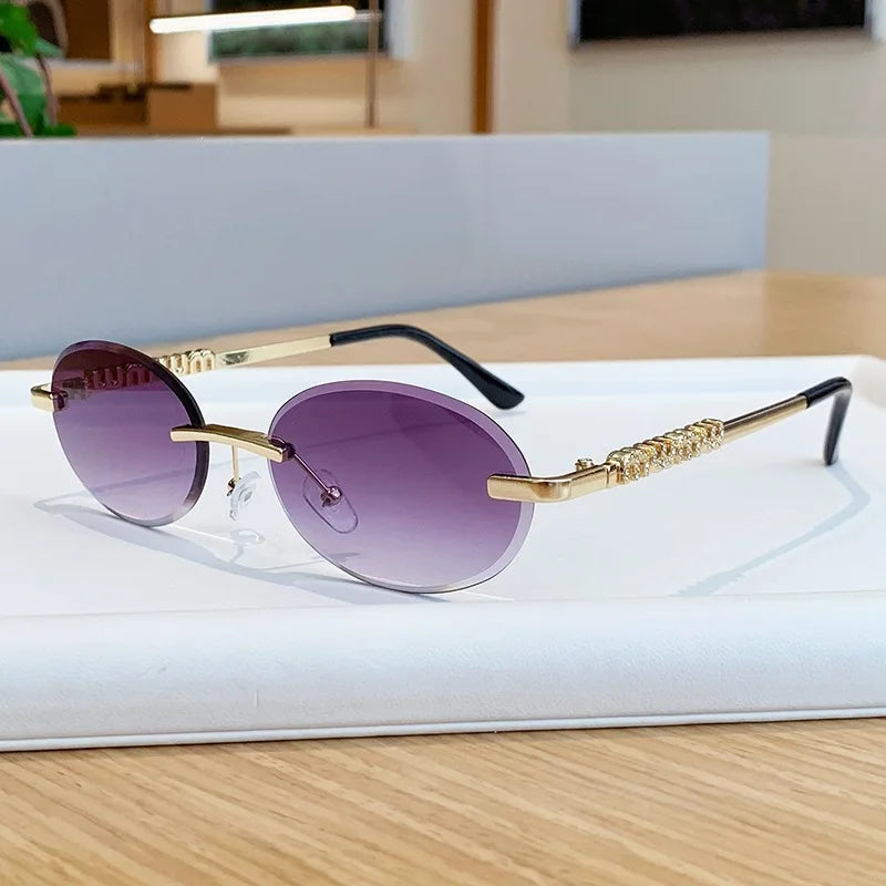 New Oval Rimless Sunglasses Women Luxury Fashion Narrow Sun Glasses Shades Trendy Elegant Diamond Eyewear Lentes De Sol Mujer