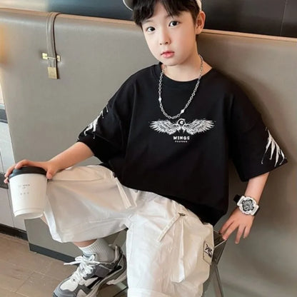 2026 Summer Kids Wing T-Shirt Cotton Loose Stylish Boy's Shirt Big Kids Summerwear