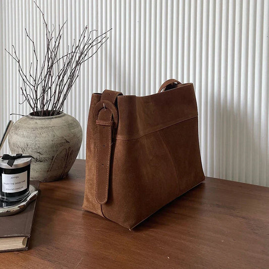 Luxury Genuine Leather Women Bags 2025 Spring Cow Suede Shoulder Bags Women Retro Gold Buckle Large Capacity Totes Lady Handbags