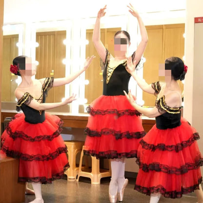 Professional Ballet Romantic Tutu Long Skirt Black Red Spain Dress Girls Adult Children's Performance Ballet Clothes For Women