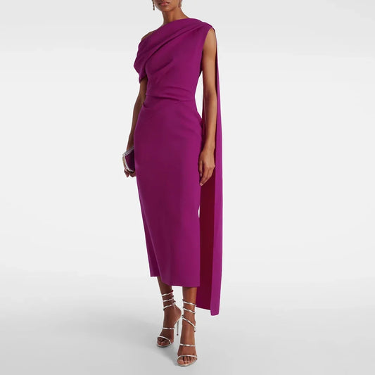 Midi Party Dress Purple One Shoulder Tea Length Draped Column Cocktail Gowns for Women 2025 Sleeveless Short Formal Evening Gown