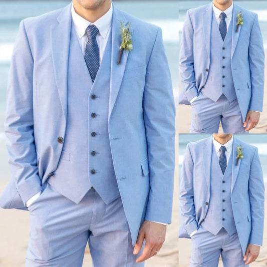 Sky Blue Men Suits With 3 Pieces Designer Wedding Formal Occasion Tuxedos Jacket+Vest+Pants
