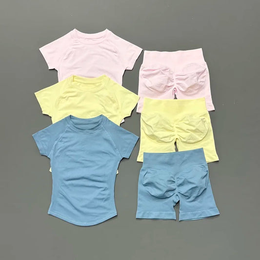 2 Piece Gym Sets Women Seamless Short Sleeve Top Butt Lifting Shorts Workout Fitness Running Sports Yoga Tracksuit