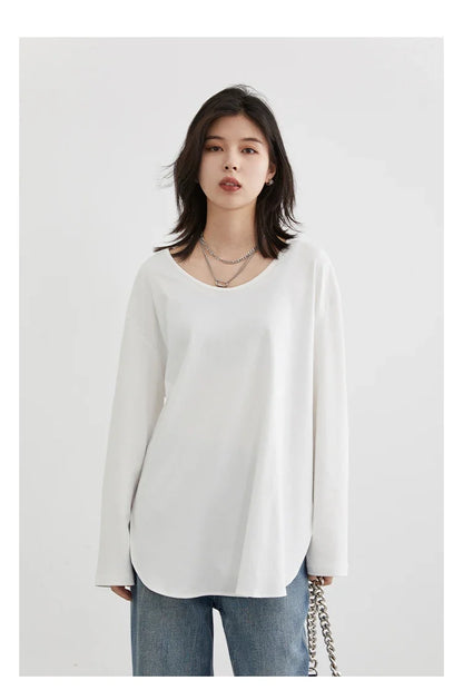 Women T-Shirts Loose Casual U-Neck Long Sleeve Female Tees Split Bottom Woman Top Ladies Clothing Autumn Spring 2023