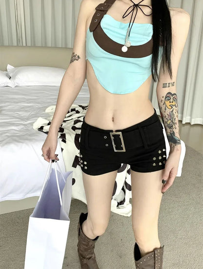 Black Sexy Hot Girl Low-Waisted Jean Shorts Woman American Retro Elastic Slim Ultrashort Jeans Gothic Y2K Rivet Denim Shorts
