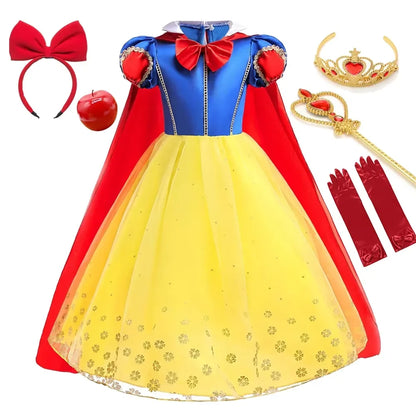 Summer Deluxe Princess Snow White Gown with Cape Girls Fairy Kids Cosplay Costume Toddler Carnival Apparel Halloween Dress up