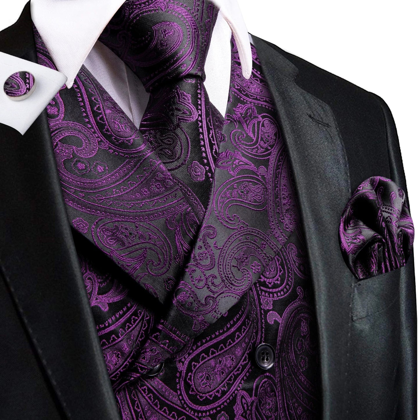 Dark Purple Men Vest Elegant Silk Paisley Jacquard Waistcoat Jacket NeckTie Hanky Cufflinks for Men Business Party Hi-Tie